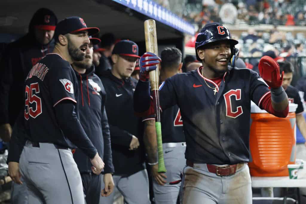 DETROIT, MI - MAY 20: Angel Martinez #1 of the Cleveland Guardians celebrates scoring with Colin Holderman #35 in the 10th inning against the Detroit Tigers at Comerica Park on May 20, 2026 in Detroit, Michigan.