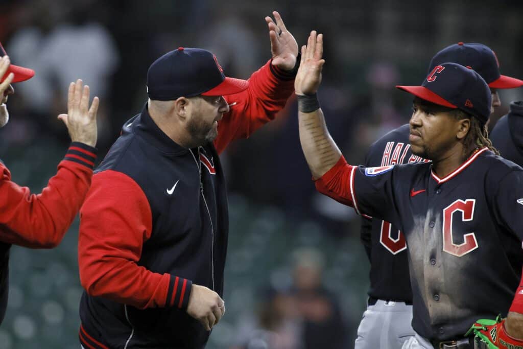 DETROIT, MI - MAY 20: Manager Stephen Vogt #12 of the Cleveland Guardians celebrates with Jose Ramirez #11 after a 3-2 win over the Detroit Tigers in 10 innings at Comerica Park on May 20, 2026 in Detroit, Michigan.
