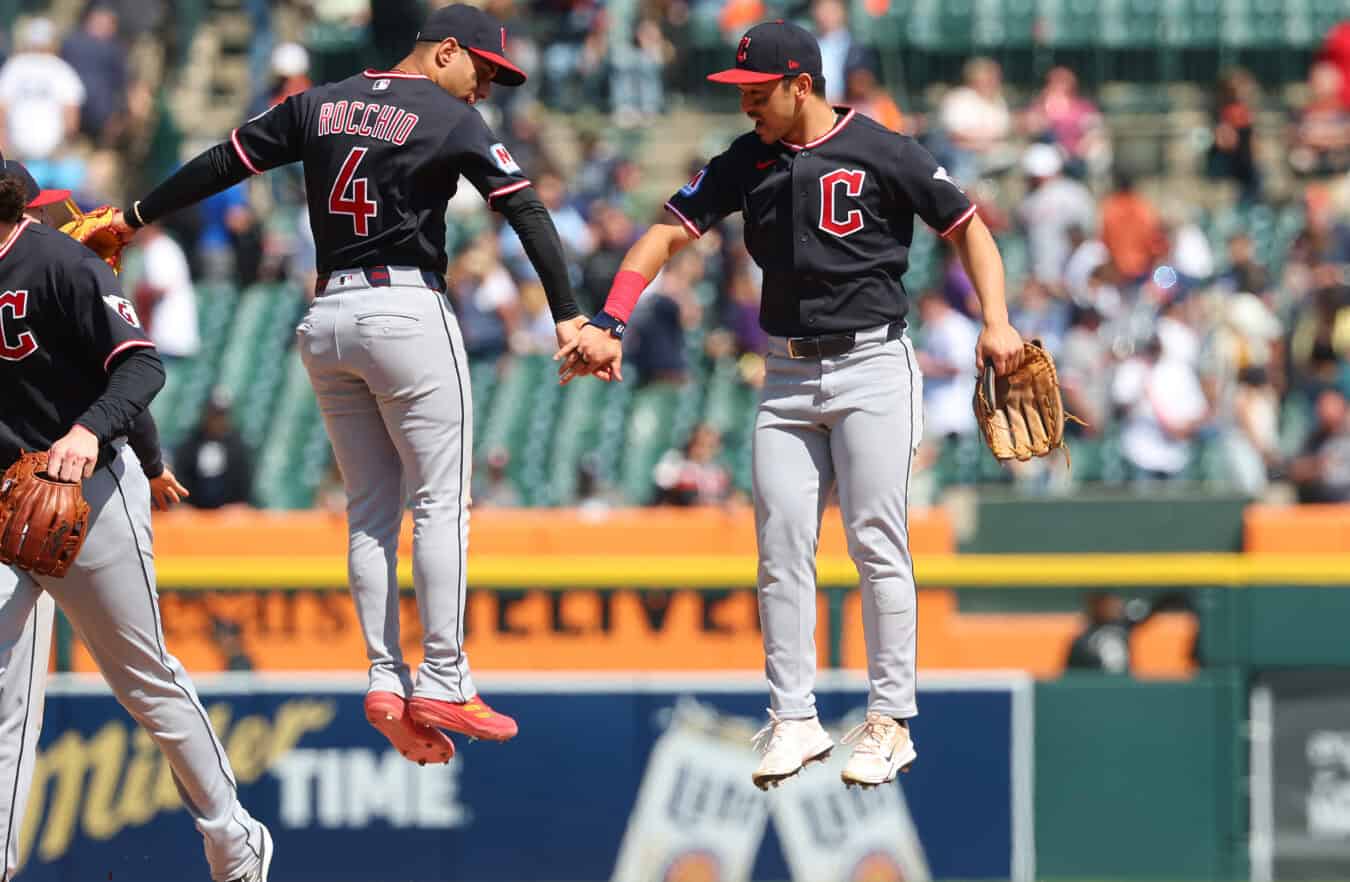 DETROIT, MICHIGAN - MAY 21: Steven Kwan #38 of the Cleveland Guardians celebrates a 3-1 win over the Detroit Tigers with Brayan Rocchio #4 at Comerica Park on May 21, 2026 in Detroit, Michigan.