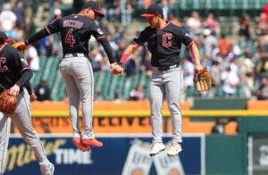 DETROIT, MICHIGAN - MAY 21: Steven Kwan #38 of the Cleveland Guardians celebrates a 3-1 win over the Detroit Tigers with Brayan Rocchio #4 at Comerica Park on May 21, 2026 in Detroit, Michigan.