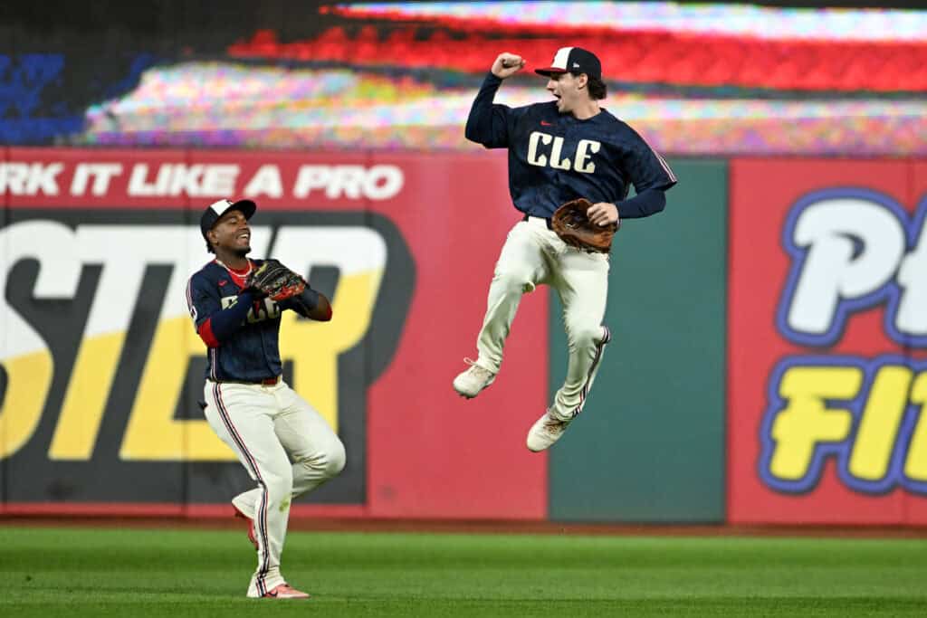 CLEVELAND, OHIO - MAY 29: Angel Martínez #1 and Chase DeLauter #24 of the Cleveland Guardians celebrate the team's 4-3 win over the Boston Red Sox at Progressive Field on May 29, 2026 in Cleveland, Ohio.