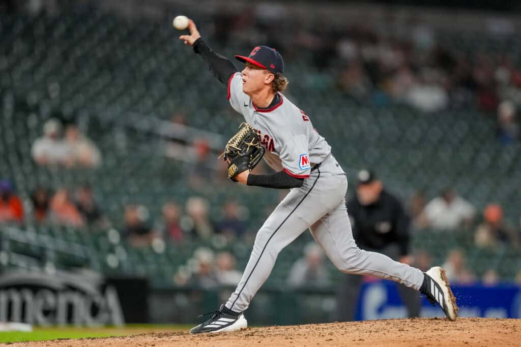 DETROIT, MICHIGAN - MAY 18: Peyton Pallette #41 of the Cleveland Guardians pitches against the Detroit Tigers during the bottom of the ninth inning at Comerica Park on May 18, 2026 in Detroit, Michigan.