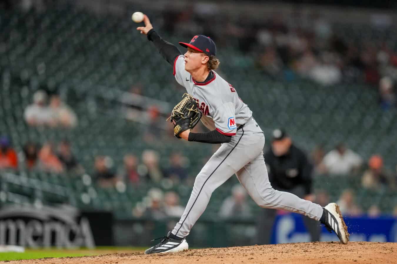 DETROIT, MICHIGAN - MAY 18: Peyton Pallette #41 of the Cleveland Guardians pitches against the Detroit Tigers during the bottom of the ninth inning at Comerica Park on May 18, 2026 in Detroit, Michigan.