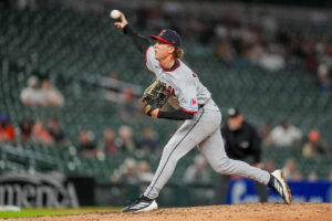 DETROIT, MICHIGAN - MAY 18: Peyton Pallette #41 of the Cleveland Guardians pitches against the Detroit Tigers during the bottom of the ninth inning at Comerica Park on May 18, 2026 in Detroit, Michigan.