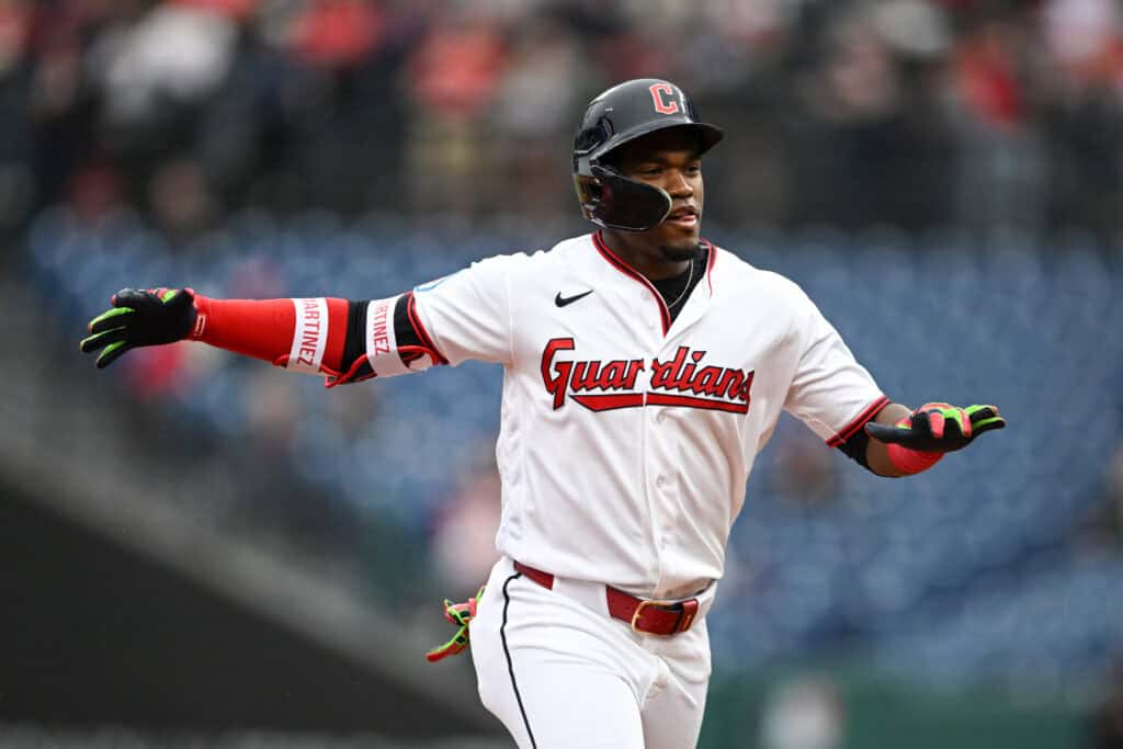 CLEVELAND, OHIO - MAY 12: Angel Martínez #1 of the Cleveland Guardians runs the bases after hitting a solo home run during the third inning against the Los Angeles Angels at Progressive Field on May 12, 2026 in Cleveland, Ohio.