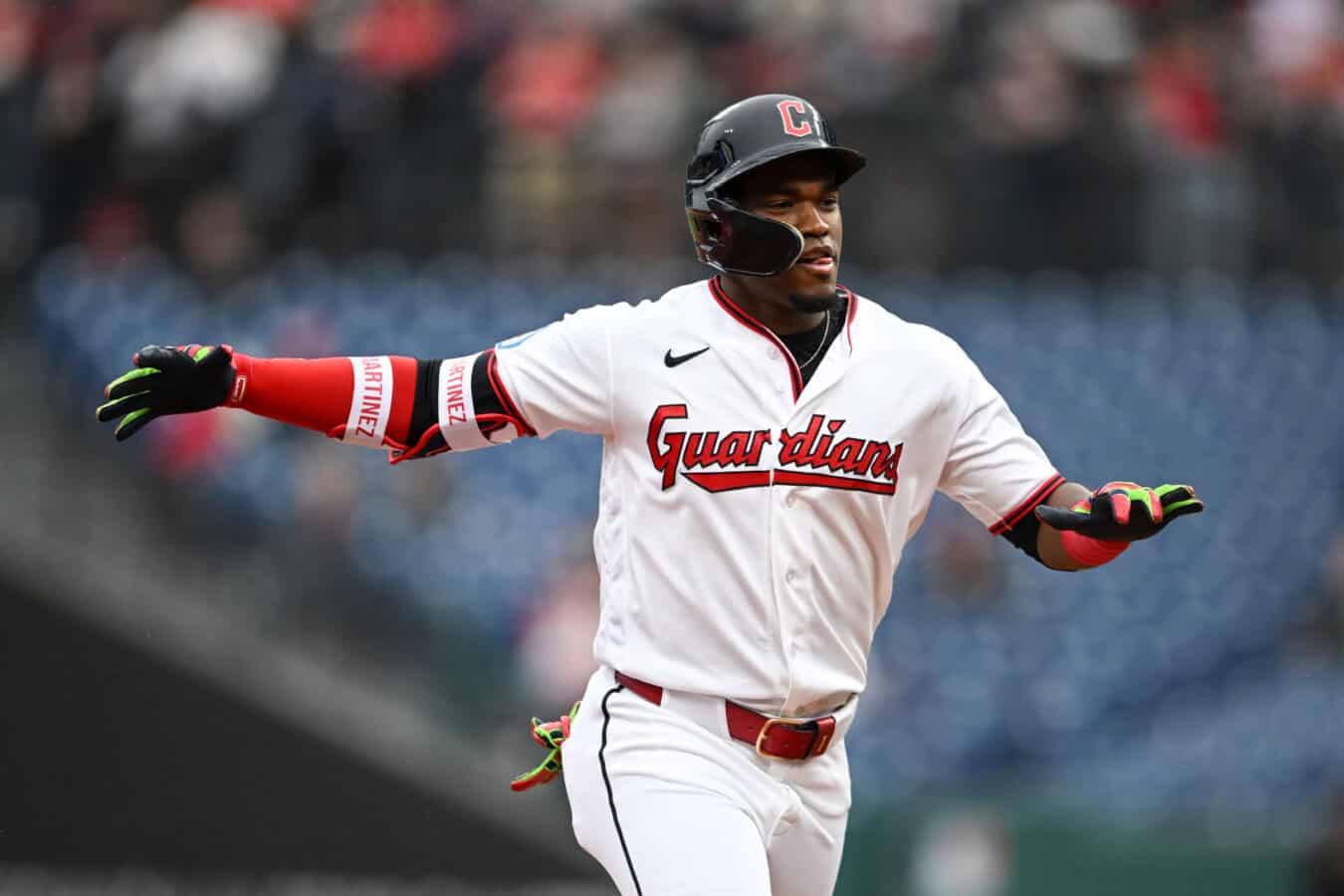 CLEVELAND, OHIO - MAY 12: Angel Martínez #1 of the Cleveland Guardians runs the bases after hitting a solo home run during the third inning against the Los Angeles Angels at Progressive Field on May 12, 2026 in Cleveland, Ohio.