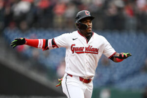 CLEVELAND, OHIO - MAY 12: Angel Martínez #1 of the Cleveland Guardians runs the bases after hitting a solo home run during the third inning against the Los Angeles Angels at Progressive Field on May 12, 2026 in Cleveland, Ohio.