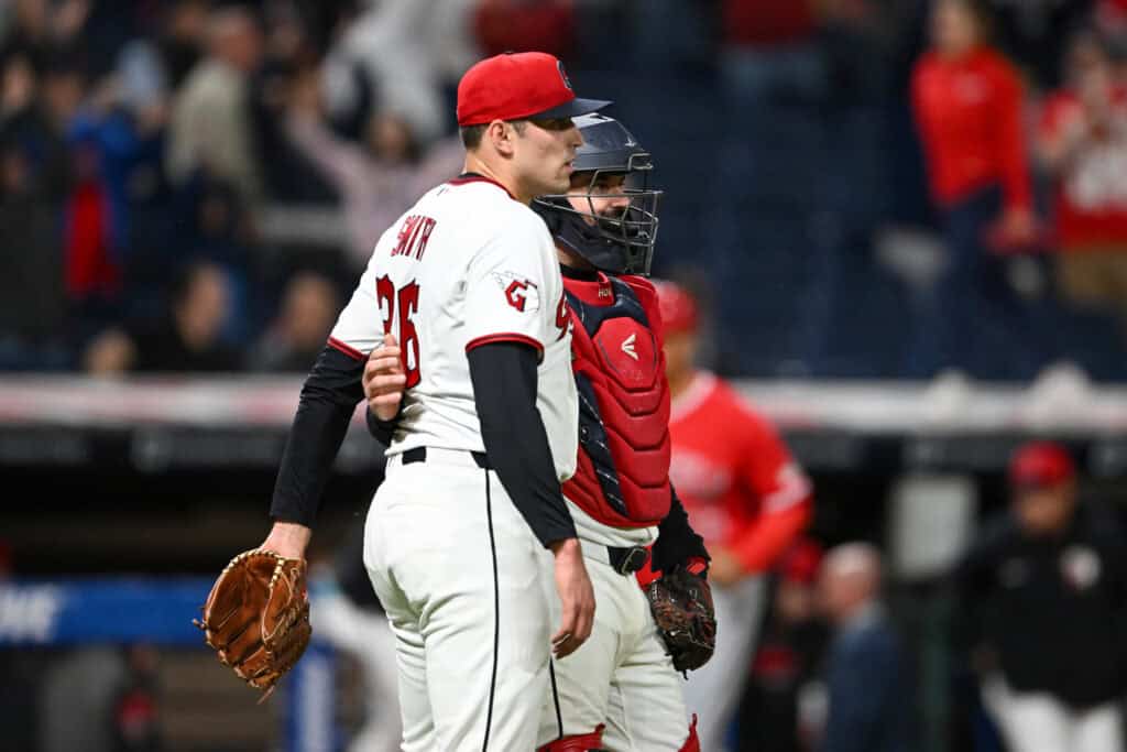 CLEVELAND, OHIO - MAY 12: Cade Smith #36 and Austin Hedges #27 of the Cleveland Guardians celebrate their team's 3-2 win over the Los Angeles Angels at Progressive Field on May 12, 2026 in Cleveland, Ohio.