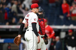 CLEVELAND, OHIO - MAY 12: Cade Smith #36 and Austin Hedges #27 of the Cleveland Guardians celebrate their team's 3-2 win over the Los Angeles Angels at Progressive Field on May 12, 2026 in Cleveland, Ohio.