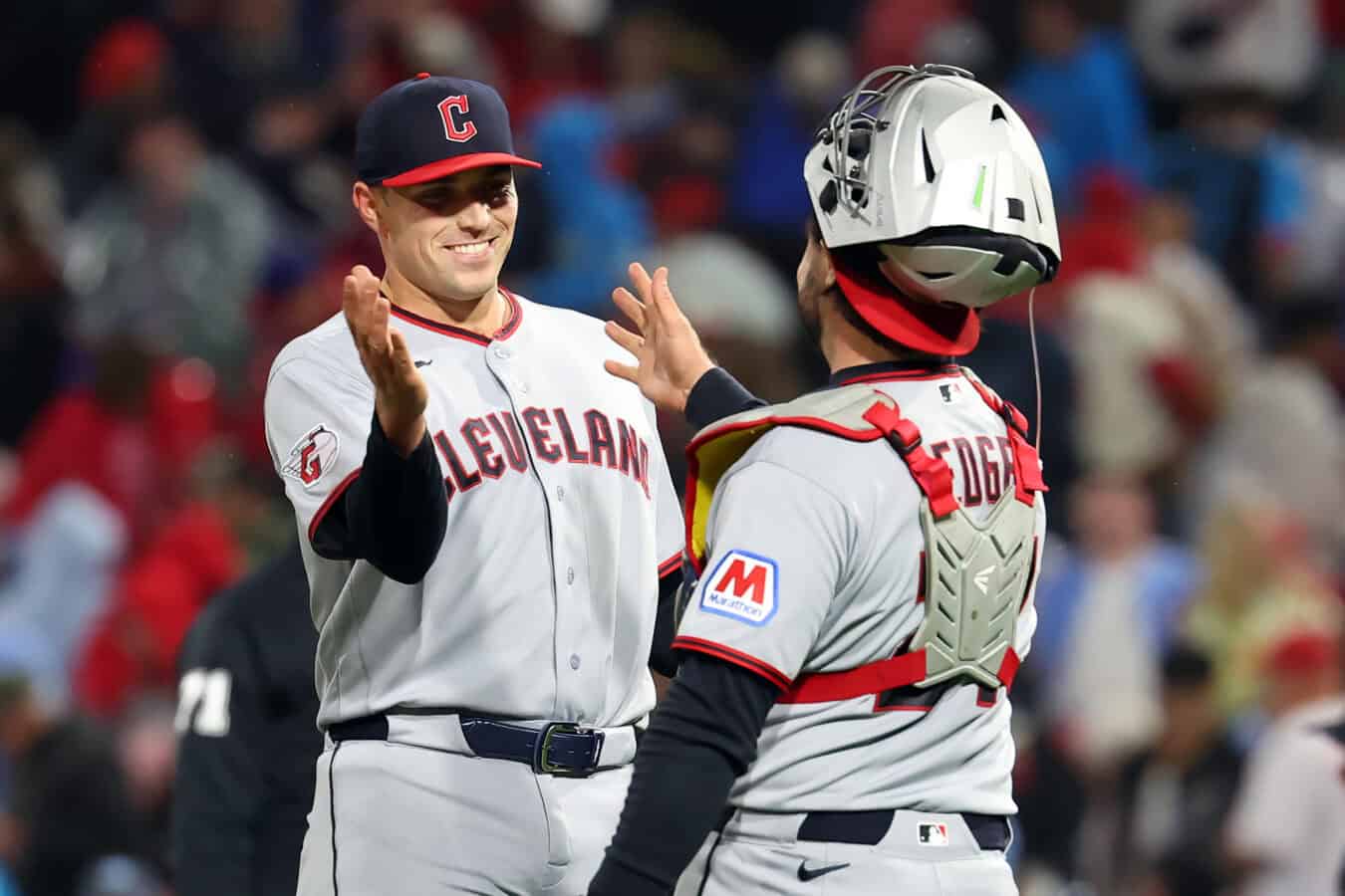 PHILADELPHIA, PENNSYLVANIA - MAY 22: Cade Smith #36 of the Cleveland Guardians celebrates with Austin Hedges #27 after winning a game against the Philadelphia Phillies at Citizens Bank Park on May 22, 2026 in Philadelphia, Pennsylvania. The Guardians won 1-0.
