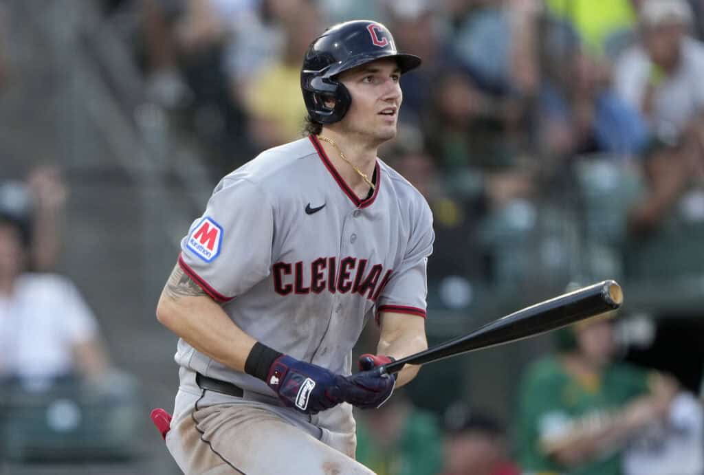SACRAMENTO, CALIFORNIA - MAY 01: Chase DeLauter #24 of the Cleveland Guardians hits a two-run RBI double against the Athletics in the top of the second inning at Sutter Health Park on May 01, 2026 in Sacramento, California.