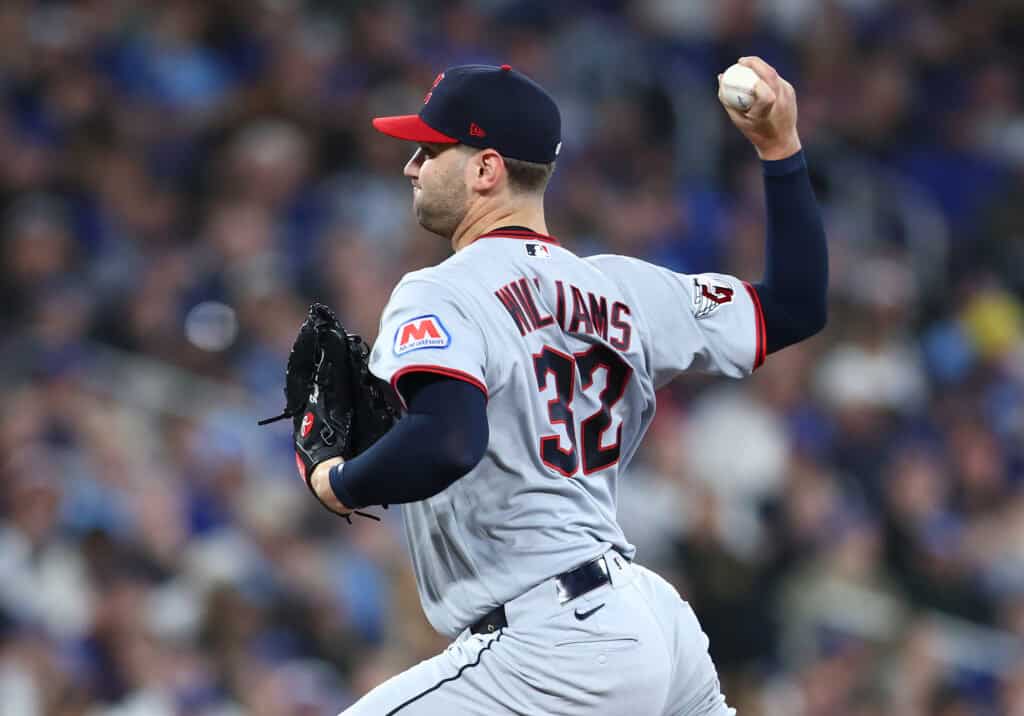 TORONTO, ON - APRIL 24: Gavin Williams #32 of the Cleveland Guardians pitches in the first inning during the game against the Toronto Blue Jays at Rogers Centre on April 24, 2025 in Toronto, Ontario, Canada.