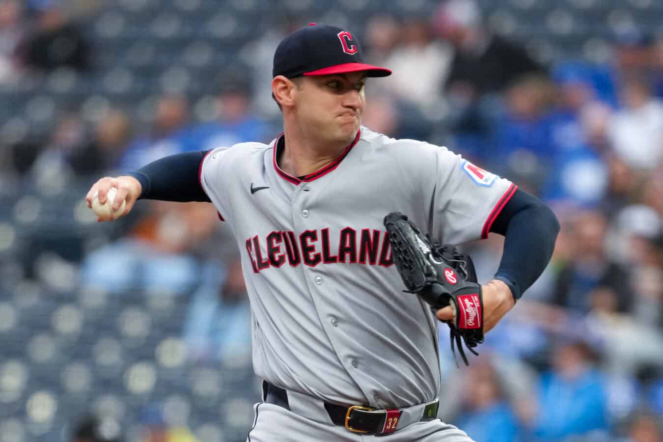 KANSAS CITY, MISSOURI - MAY 05: Gavin Williams #32 of the Cleveland Guardians throws against the Kansas City Royals in the first inning at Kauffman Stadium on May 05, 2026 in Kansas City, Missouri.