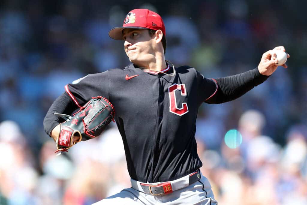 MESA, ARIZONA - FEBRUARY 27: Pitcher Logan Allen #26 of the Cleveland Guardians throws during the first inning of a spring training game against the Chicago Cubs at Sloan Park on February 27, 2026 in Mesa, Arizona.