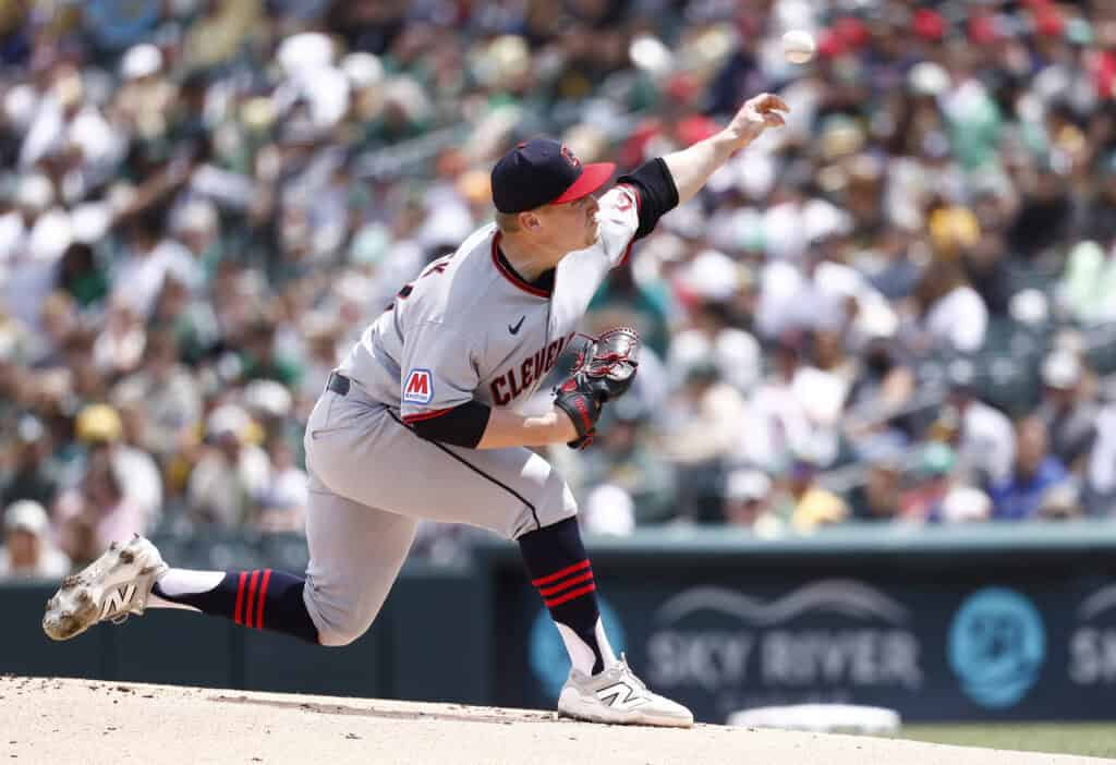 SACRAMENTO, CALIFORNIA - MAY 3: Parker Messick #77 of the Cleveland Guardians pitches against the Athletics during the first inning at Sutter Health Park on May 3, 2026 in Sacramento, California.