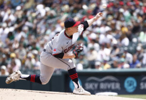 SACRAMENTO, CALIFORNIA - MAY 3: Parker Messick #77 of the Cleveland Guardians pitches against the Athletics during the first inning at Sutter Health Park on May 3, 2026 in Sacramento, California.