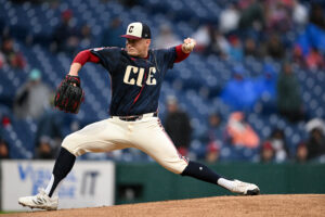 CLEVELAND, OHIO - MAY 08: Parker Messick #77 of the Cleveland Guardians throws a pitch during the first inning against the Minnesota Twins at Progressive Field on May 08, 2026 in Cleveland, Ohio.