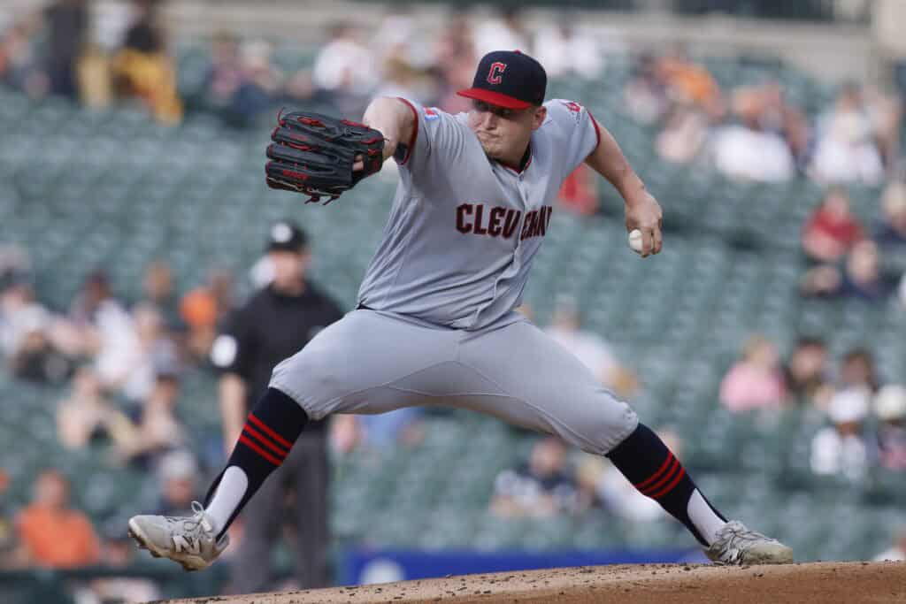 DETROIT, MI - MAY 19: Parker Messick #77 of the Cleveland Guardians pitches against the Detroit Tigers during the first inning at Comerica Park on May 19, 2026 in Detroit, Michigan.