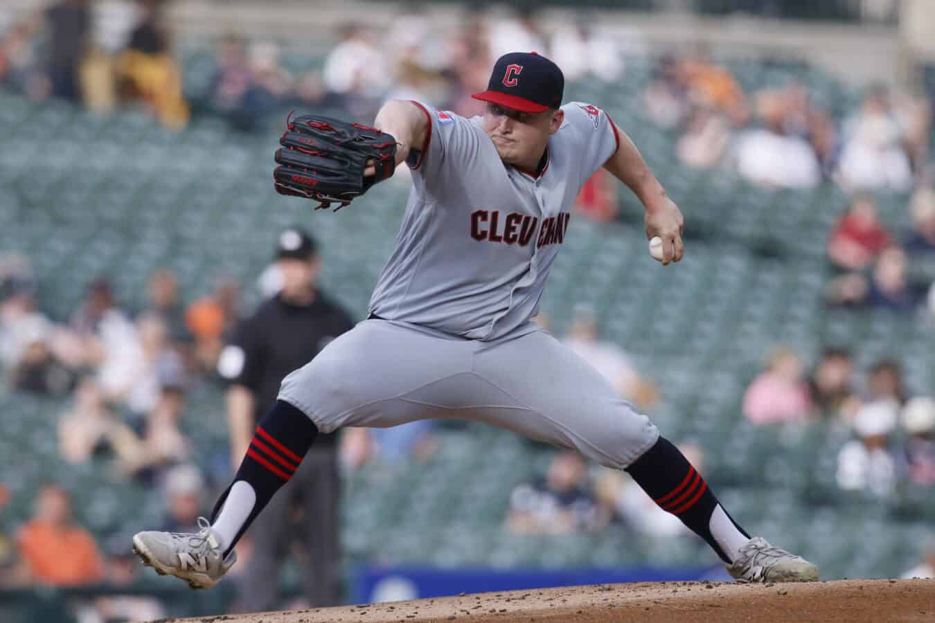 DETROIT, MI - MAY 19: Parker Messick #77 of the Cleveland Guardians pitches against the Detroit Tigers during the first inning at Comerica Park on May 19, 2026 in Detroit, Michigan.