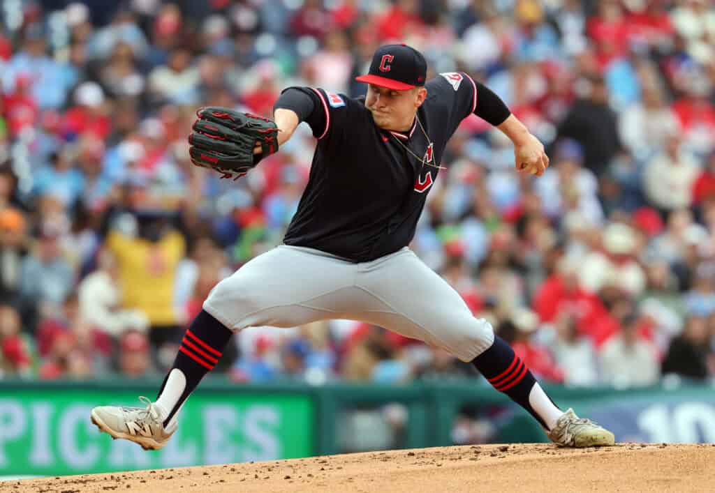 PHILADELPHIA, PENNSYLVANIA - MAY 24: Parker Messick #77 of the Cleveland Guardians delivers a pitch in the first inning during a game against the Philadelphia Phillies at Citizens Bank Park on May 24, 2026 in Philadelphia, Pennsylvania.