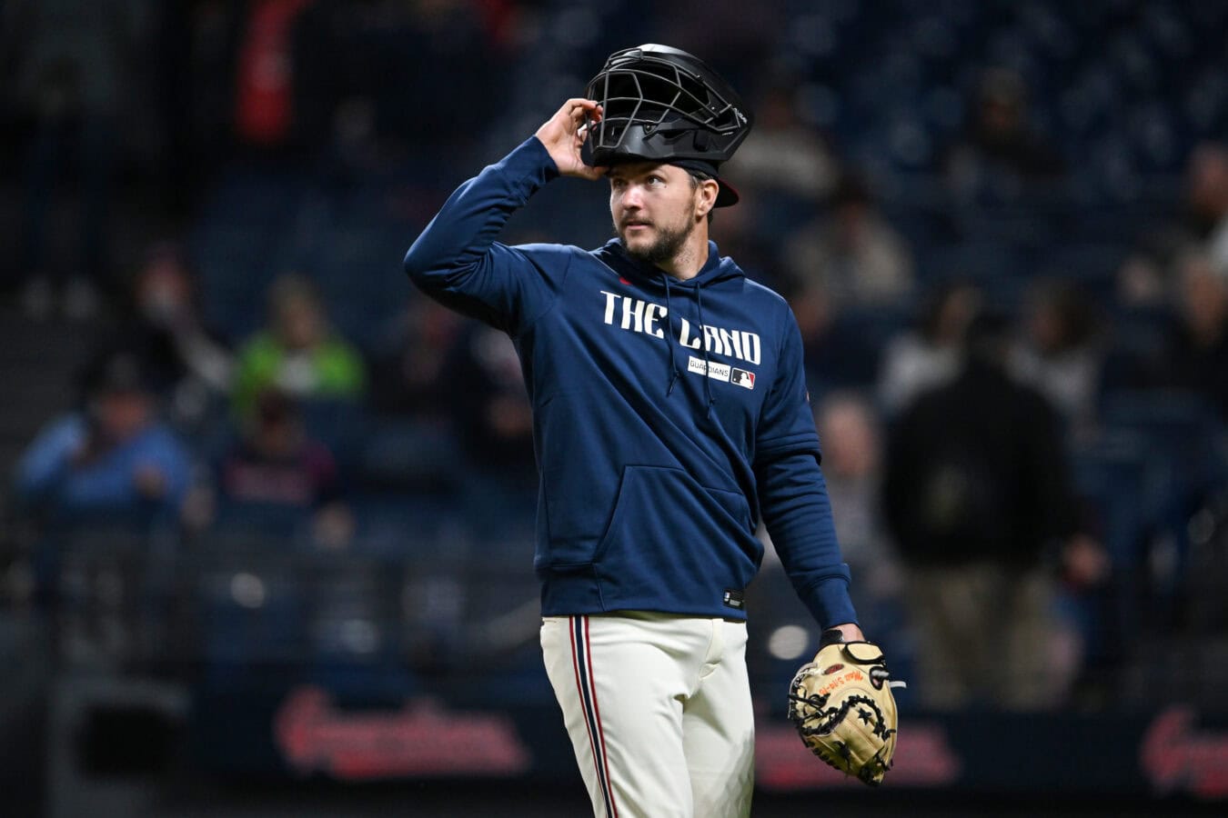 CLEVELAND, OHIO - MAY 09: Patrick Bailey #16 of the Cleveland Guardians looks on during the tenth inning against the Minnesota Twins at Progressive Field on May 09, 2026 in Cleveland, Ohio.