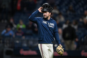 CLEVELAND, OHIO - MAY 09: Patrick Bailey #16 of the Cleveland Guardians looks on during the tenth inning against the Minnesota Twins at Progressive Field on May 09, 2026 in Cleveland, Ohio.