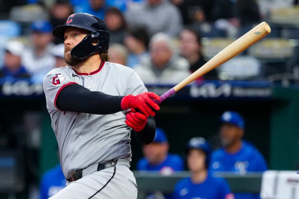 KANSAS CITY, MISSOURI - MAY 05: Rhys Hoskins #8 of the Cleveland Guardians hits a three-run home run against the Kansas City Royals in the fourth inning at Kauffman Stadium on May 05, 2026 in Kansas City, Missouri. (