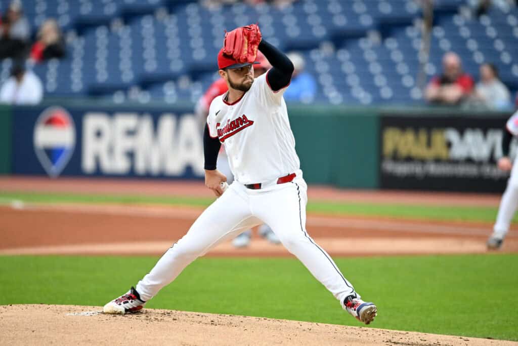 CLEVELAND, OHIO - MAY 12: Slade Cecconi #44 of the Cleveland Guardians throws a pitch during the first inning against the Los Angeles Angels at Progressive Field on May 12, 2026 in Cleveland, Ohio.