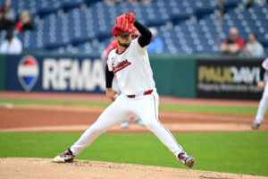 CLEVELAND, OHIO - MAY 12: Slade Cecconi #44 of the Cleveland Guardians throws a pitch during the first inning against the Los Angeles Angels at Progressive Field on May 12, 2026 in Cleveland, Ohio.