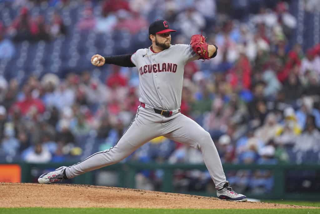 PHILADELPHIA, PENNSYLVANIA - MAY 23: Slade Cecconi #44 of the Cleveland Guardians throws a pitch in the bottom of the first inning against the Philadelphia Phillies at Citizens Bank Park on May 23, 2026 in Philadelphia, Pennsylvania.