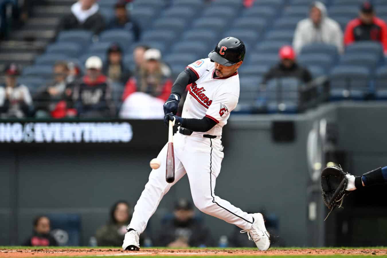 CLEVELAND, OHIO - APRIL 29: Steven Kwan #38 of the Cleveland Guardians hits a double during the fifth inning against the Tampa Bay Rays at Progressive Field on April 29, 2026 in Cleveland, Ohio.