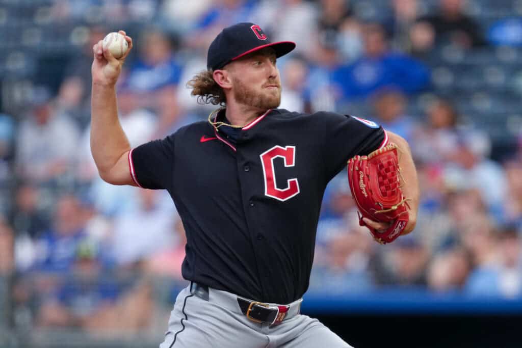 KANSAS CITY, MISSOURI - MAY 04: Tanner Bibee #28 of the Cleveland Guardians throws against the Kansas City Royals in the first inning at Kauffman Stadium on May 04, 2026 in Kansas City, Missouri.