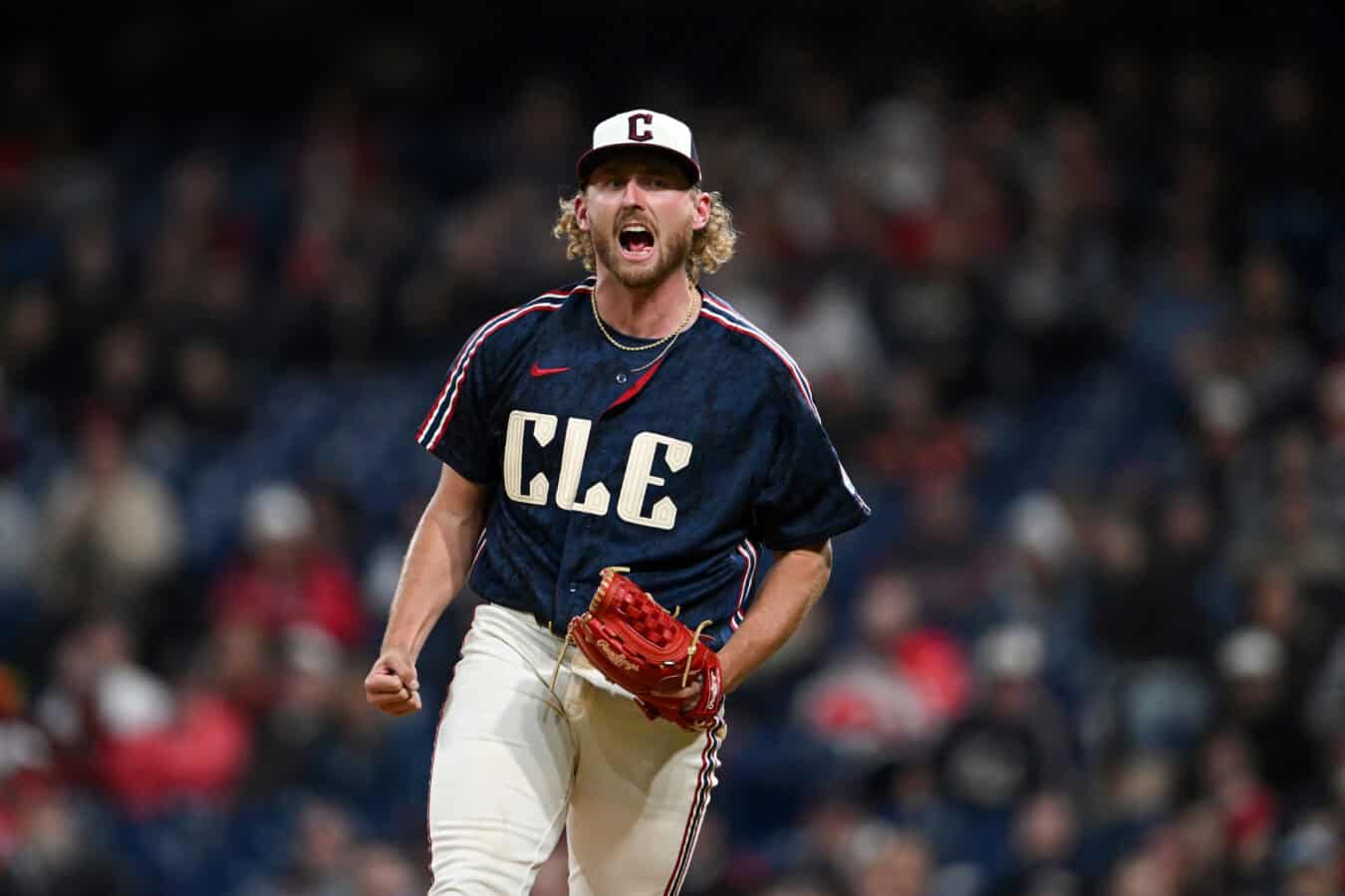 CLEVELAND, OHIO - MAY 09: Tanner Bibee #28 of the Cleveland Guardians celebrates a strikeout during the sixth inning against the Minnesota Twins at Progressive Field on May 09, 2026 in Cleveland, Ohio.