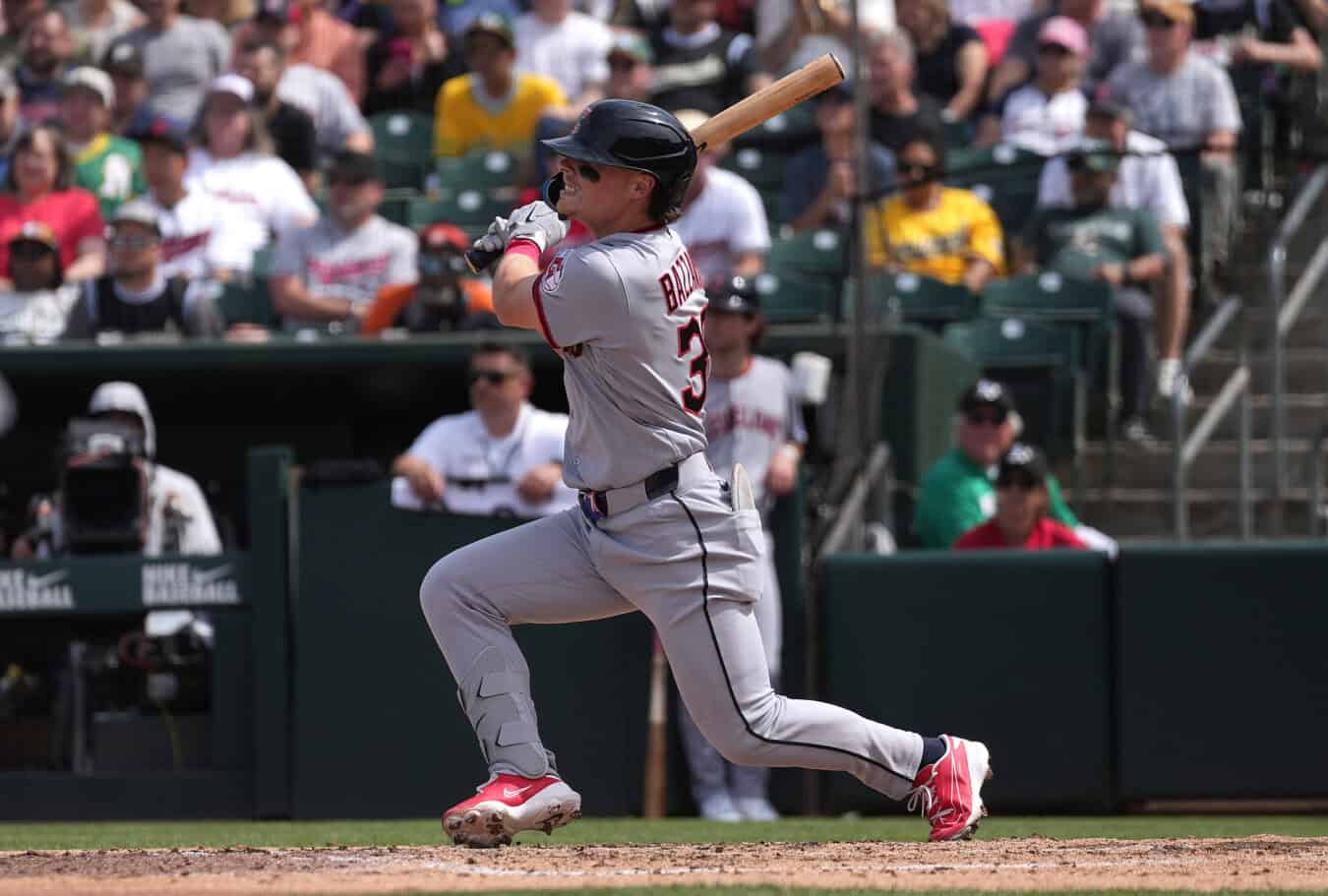 SACRAMENTO, CALIFORNIA - MAY 02: Travis Bazzana #37 of the Cleveland Guardians hits a two-run RBI single with the bases loaded against the Athletics in the top of the seventh inning at Sutter Health Park on May 02, 2026 in Sacramento, California. The hit and RBI's were the first Bazzana's major league career.