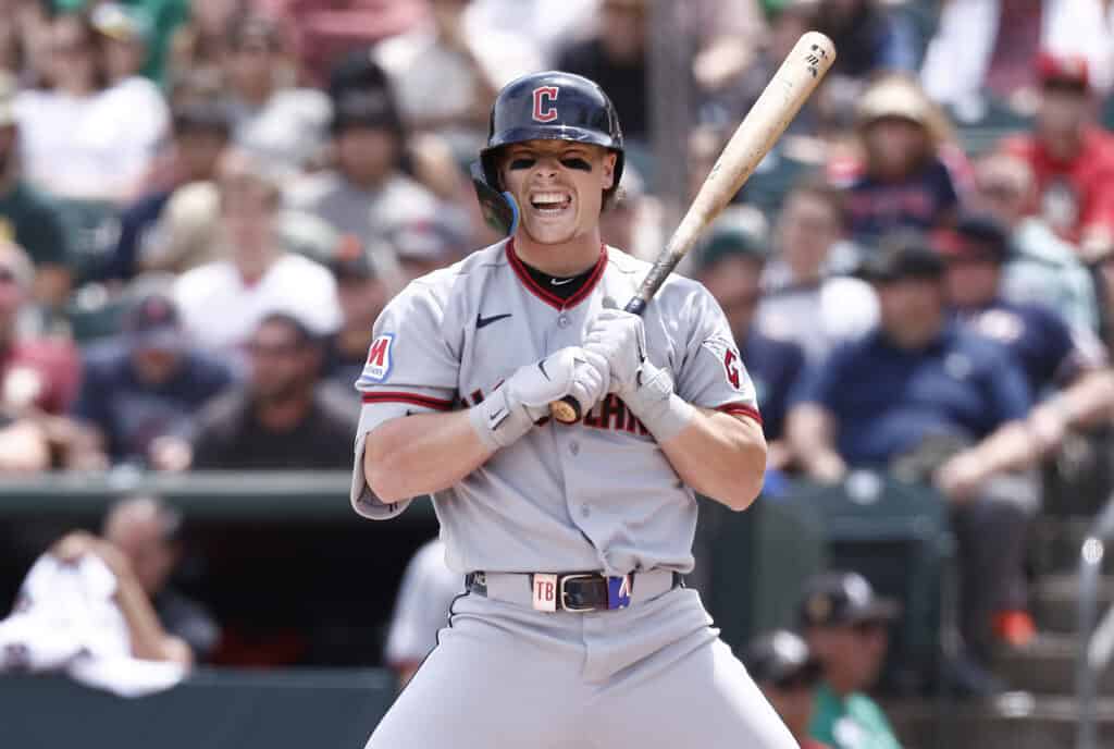 SACRAMENTO, CALIFORNIA - MAY 3: Travis Bazzana #37 of the Cleveland Guardians reacts after a strike against the Athletics during the second inning at Sutter Health Park on May 3, 2026 in Sacramento, California.