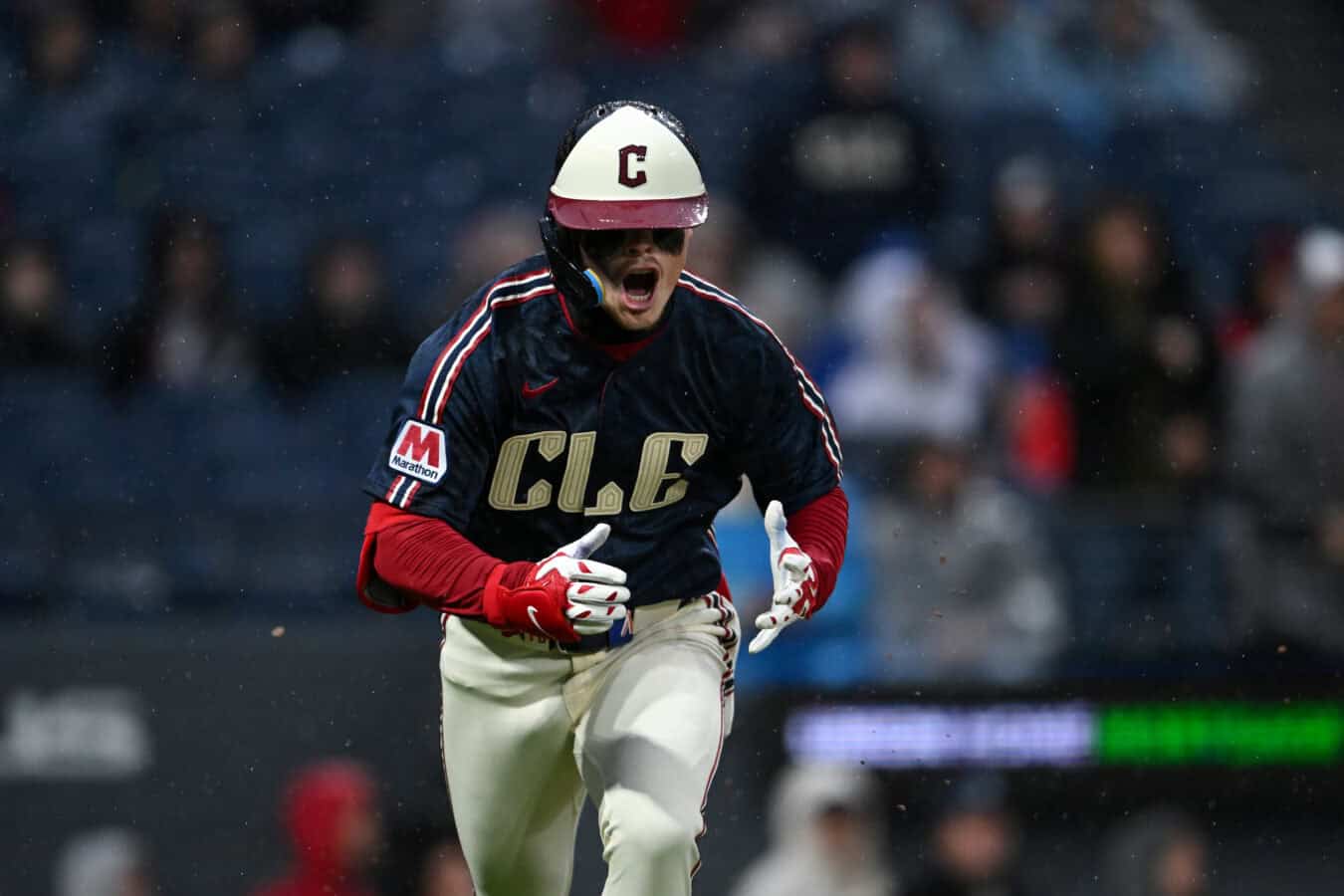 CLEVELAND, OHIO - MAY 08: Travis Bazzana #37 of the Cleveland Guardians celebrates hitting a two-run home run for his first Major League home run during the first inning against the Minnesota Twins at Progressive Field on May 08, 2026 in Cleveland, Ohio.