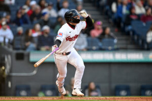 CLEVELAND, OHIO - MAY 11: Travis Bazzana #37 of the Cleveland Guardians runs out a two-run double during the third inning against the Los Angeles Angels at Progressive Field on May 11, 2026 in Cleveland, Ohio.