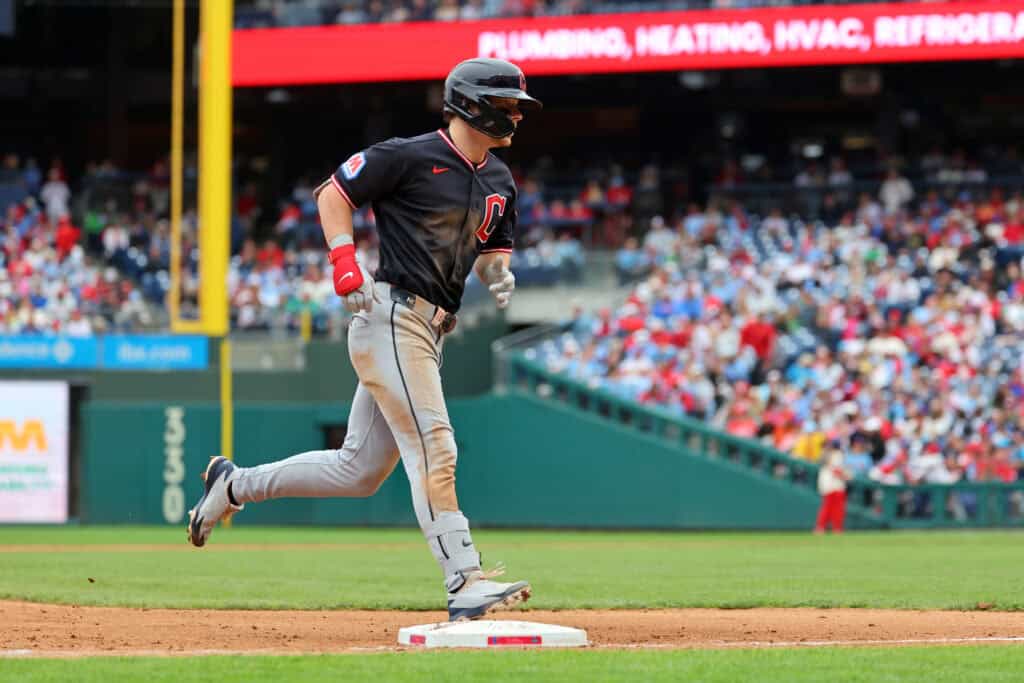 PHILADELPHIA, PENNSYLVANIA - MAY 24: Travis Bazzana #37 of the Cleveland Guardians rounds the bases after hitting a solo home run in the eighth inning during a game against the Philadelphia Phillies at Citizens Bank Park on May 24, 2026 in Philadelphia, Pennsylvania. The Guardians won 3-1.