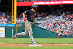PHILADELPHIA, PENNSYLVANIA - MAY 24: Travis Bazzana #37 of the Cleveland Guardians rounds the bases after hitting a solo home run in the eighth inning during a game against the Philadelphia Phillies at Citizens Bank Park on May 24, 2026 in Philadelphia, Pennsylvania. The Guardians won 3-1.