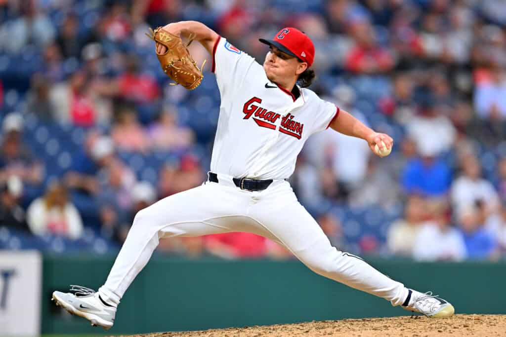 CLEVELAND, OHIO - MAY 26: Relief pitcher Will Dion #98 of the Cleveland Guardians pitches during the seventh inning of his major league debut against the Washington Nationals at Progressive Field on May 26, 2026 in Cleveland, Ohio. The Nationals defeated the Guardians 6-3.