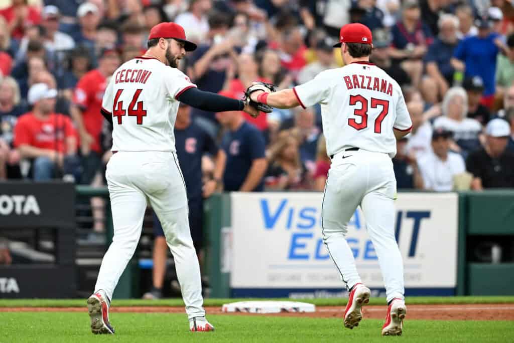 CLEVELAND, OHIO - JUNE 09: Slade Cecconi #44 and Travis Bazzana #37 of the Cleveland Guardians celebrate an out to end the top of the fourth inning against the New York Yankees at Progressive Field on June 09, 2026 in Cleveland, Ohio.