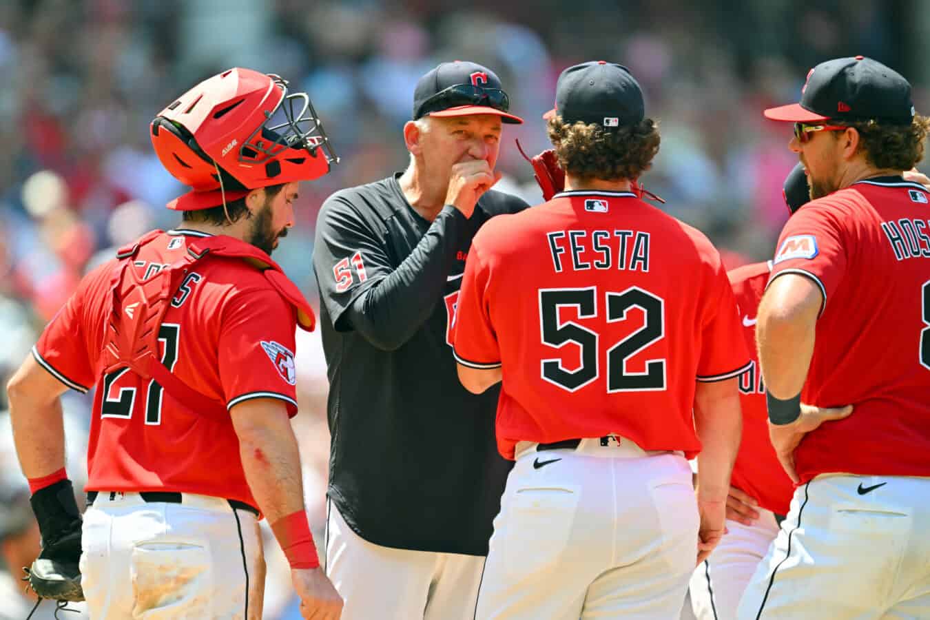 CLEVELAND, OHIO - JUNE 10: Pitching coach Carl Willis #51 of the Cleveland Guardians visits the mound during the sixth inning against the New York Yankees at Progressive Field on June 10, 2026 in Cleveland, Ohio.