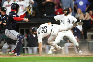 CHICAGO, ILLINOIS - JUNE 22: Tristan Peters #29 of the Chicago White Sox scores to win the game during the ninth inning against the Cleveland Guardians at Rate Field on June 22, 2026 in Chicago, Illinois.