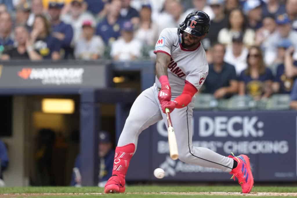 MILWAUKEE, WISCONSIN - JUNE 18: Kahlil Watson #31 of the Cleveland Guardians strikes out swinging against the Milwaukee Brewers during the second inning in his MLB debutat American Family Field on June 18, 2026 in Milwaukee, Wisconsin.