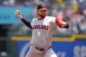 KANSAS CITY, MISSOURI - MAY 07: Slade Cecconi #44 of the Cleveland Guardians warms up prior to throwing against the Kansas City Royals in the first inning at Kauffman Stadium on May 07, 2026 in Kansas City, Missouri.