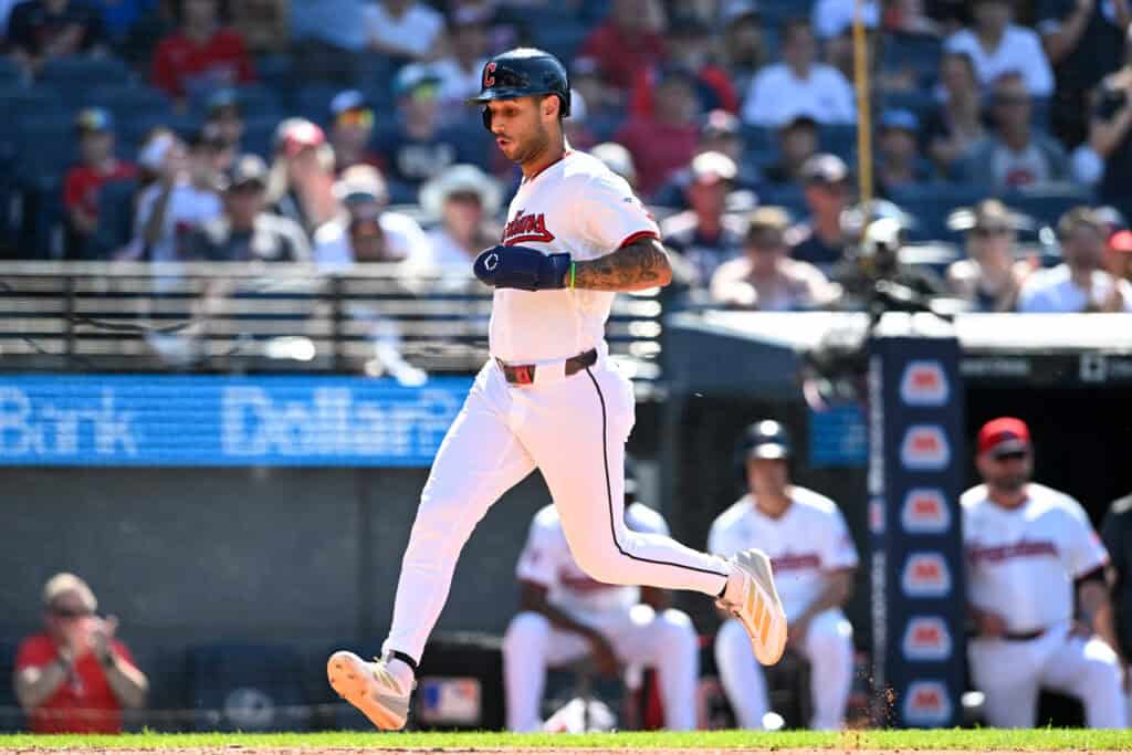 CLEVELAND, OHIO - JUNE 28: Brayan Rocchio #4 of the Cleveland Guardians scores on a single hit by Daniel Schneemann during the eighth inning against the Seattle Mariners at Progressive Field on June 28, 2026 in Cleveland, Ohio.