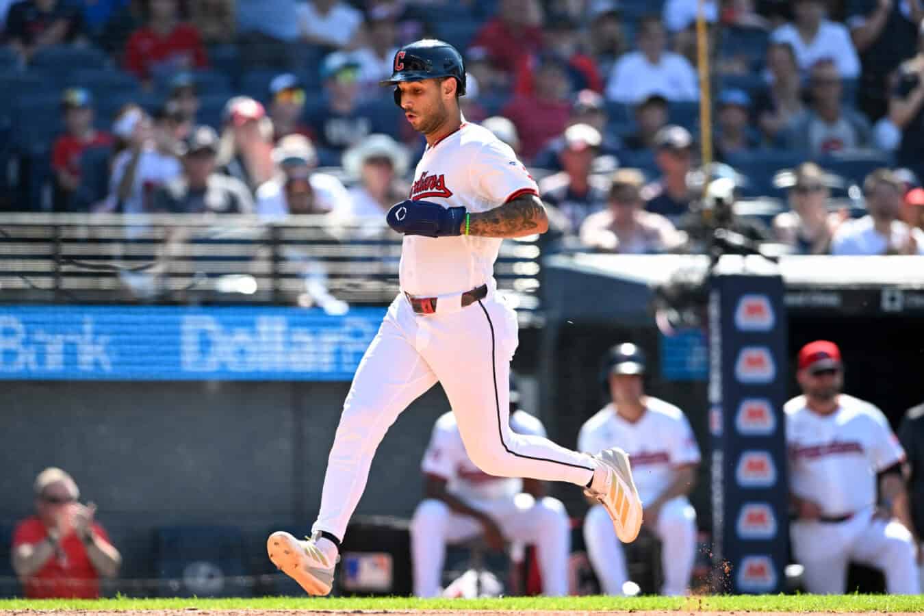 CLEVELAND, OHIO - JUNE 28: Brayan Rocchio #4 of the Cleveland Guardians scores on a single hit by Daniel Schneemann during the eighth inning against the Seattle Mariners at Progressive Field on June 28, 2026 in Cleveland, Ohio.