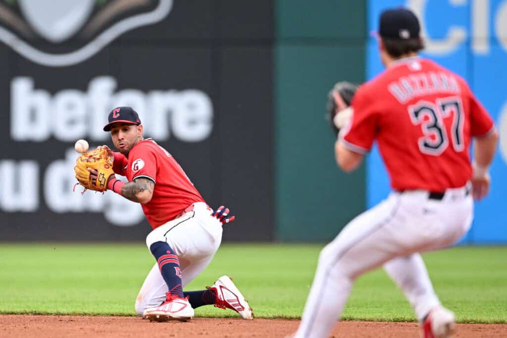 CLEVELAND, OHIO - JUNE 08: Brayan Rocchio #4 of the Cleveland Guardians bobbles a ground ball hit by Ben Rice of the New York Yankees during the third inning at Progressive Field on June 08, 2026 in Cleveland, Ohio.