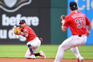 CLEVELAND, OHIO - JUNE 08: Brayan Rocchio #4 of the Cleveland Guardians bobbles a ground ball hit by Ben Rice of the New York Yankees during the third inning at Progressive Field on June 08, 2026 in Cleveland, Ohio.