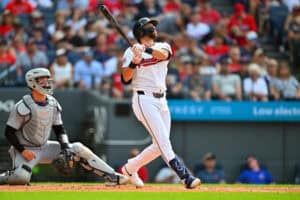 CLEVELAND, OHIO - JUNE 13: Daniel Schneemann #10 of the Cleveland Guardians hits a two-run homer during the second inning against the Detroit Tigers at Progressive Field on June 13, 2026 in Cleveland, Ohio.